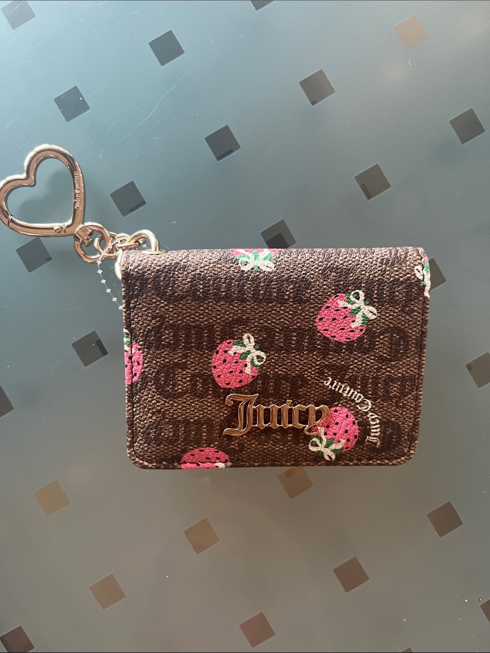 Juicy Couture Brown Strawberry Print Cardholder Keyring with Pink Accents